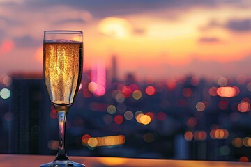 An elegant flute of prosecco with a city skyline view at twilight - obrazy, fototapety, plakaty