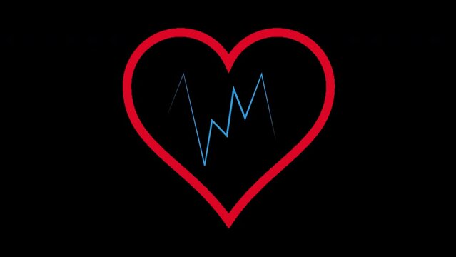 Sequence of beating red heart with pulse line, social media, medical care and health loop animation isolated on alpha channel transparent background