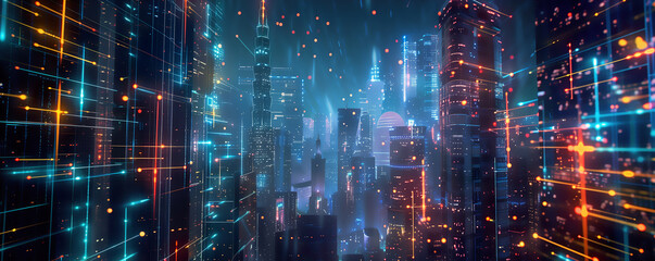 Digital network lines and nodes superimposed on a vibrant night cityscape, symbolizing connectivity - obrazy, fototapety, plakaty