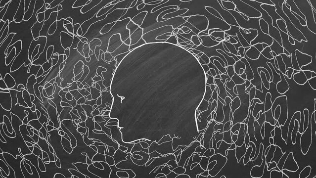 Silhouette of a person surrounded by abstract lines in chalk blackboard. Data collection and analysis process. Complicated thoughts, brain confusion, problem solving.
