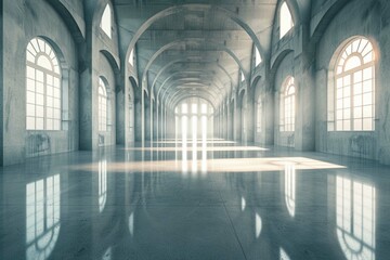 Wide angle photography of wide hall with floor reflection - obrazy, fototapety, plakaty