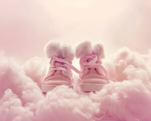 Pink baby shoes on soft clouds on a pastel pink background, in the style of ethereal and dreamlike atmosphere. Minimal baby girl shower invitation, greeting card... Welcome baby girl