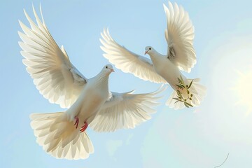 A pair of pristine white doves in flight against a clear blue sky, carrying olive branches as a universal symbol of peace for International Day for Mine Awareness.