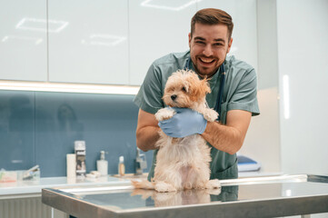 Smiling, having fun. Cute little dog in veterinarian clinic with male doctor