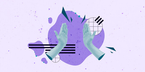 Typing Text Creative Art Collage. Advertisment Design. Post Card Poster Banner Flyer Texture Background Copy Space. Retro Vintage Color. Hand Mouth Key Button. Business Education Studing. Geometric.
