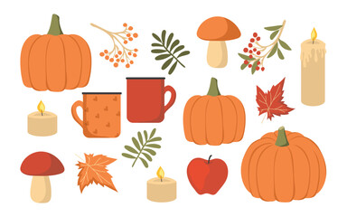 Collection of autumn icons. Set of stickers. Pumpkin, mushroom, apple, candle, maple leaf, mugs, berries. Orange and red colors. Isolated objects. On a white. Vector texture. Flat illustration.