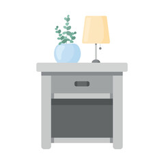 Nightstand with table lamp and plant. Furniture. House. Flat art. Home decor. White background. 