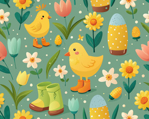 seamless background with birds and flowers, easter