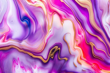 Abstract Colorful Liquid Marble Texture with Golden Swirls, Vibrant Pink and Purple Background for Artistic Designs