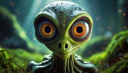 A green alien with big eyes, other planet creature, scary