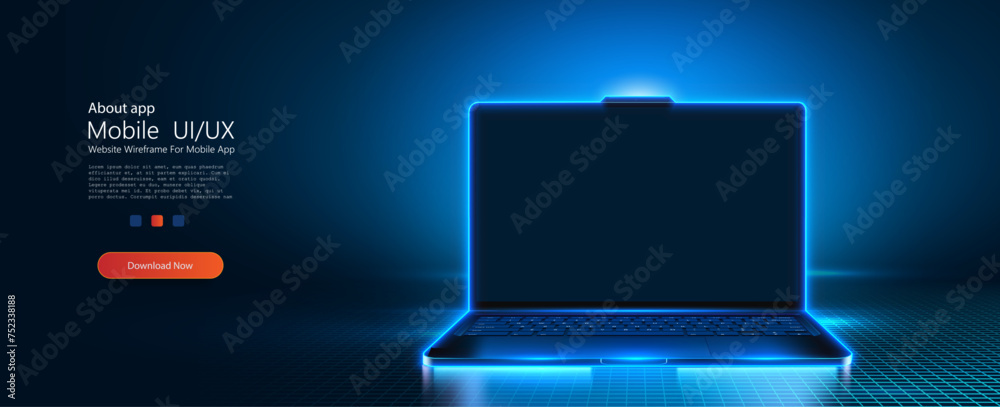 Poster A portable neon computer with blank screen and a desk in a dark room with blue lighting. Striking image featuring a laptop with neon blue light on a digital grid, symbolizing cutting-edge technology.