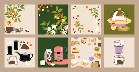 Vector hand painted cafe tasty pastry cheesecakes and danish desserts and specialty coffee illustration Cute flat simple hand drawn icon composition, premade poster, banner