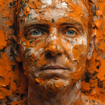 Close up eines Mannes mit oranger getrockneter Farbe im Gesicht