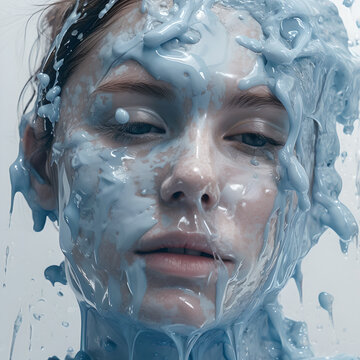 Close up einer jungen Frau mit fl&uuml;ssigem hellblauen Latex im Gesicht
