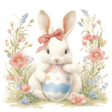 Cute Easter bunny with Easter egg in meadow with spring wildflowers. Watercolor illustration isolated on white background. Happy easter concept. Children's book cartoon art. Element design pet animal.