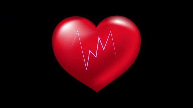 Sequence of beating red heart with pulse line, social media, medical care and health loop animation isolated on transparent background