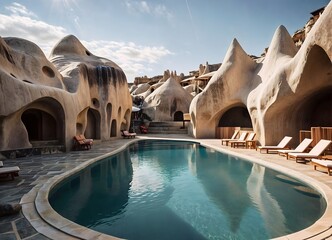 A luxury pool with deckchairs next to fairy chimneys, Cappadocia Turkey