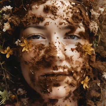 Close up einer jungen Frau mit braunen Augen und Dreck im Gesicht