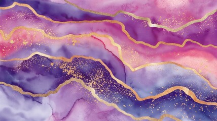 Abstract Luxury Art with Gold Glitter Veins on Marble Texture, Elegant Background for Design Projects, Purple and Pink Tones