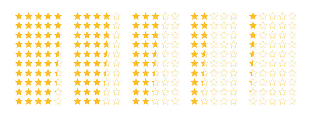 Yellow star rating icon set from 0.1 to 5