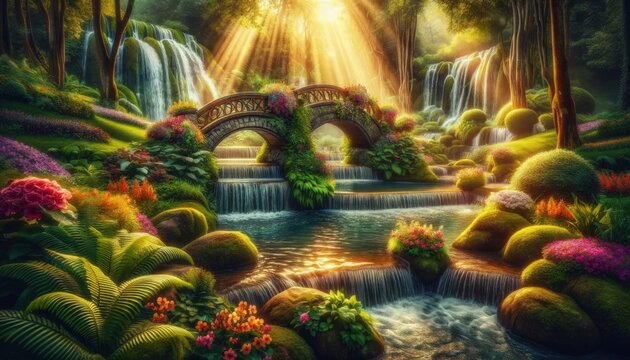 Sunlit Fantasy Garden with Cascading Waterfalls and Floral Stone Bridge. illustation Wallpaper 