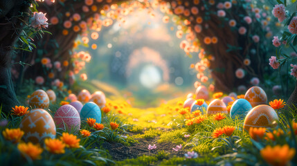 Fototapeta na wymiar Bright floral arch in a fantastic magic forest or secret garden with colorful Easter eggs among flowers in green grass