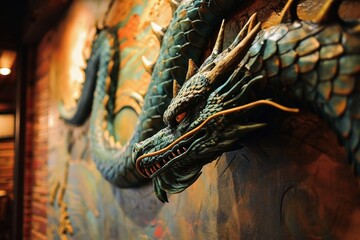 A three dimensional dragon comes out of a painting on a wall. - obrazy, fototapety, plakaty