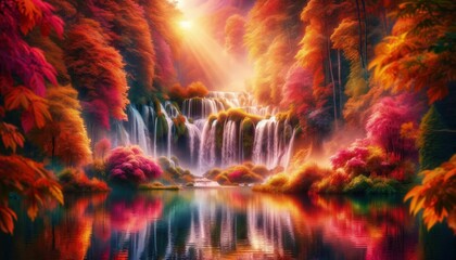 Autumnal Fantasy Waterfall with Radiant Foliage Reflection. illustration Wallpaper