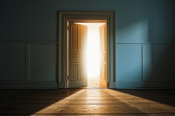 An open door with bright light coming out of the door.
