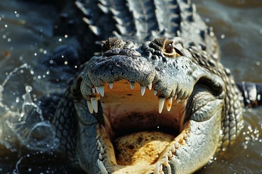 Close up of a dangerous crocodile with a wide open mouth.
