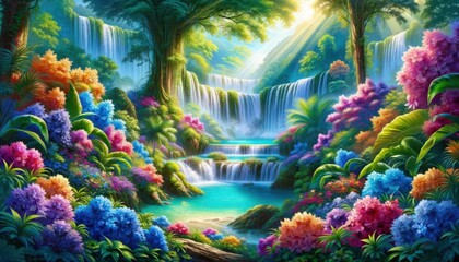 Fototapeta na wymiar Tropical Paradise Waterfall Surrounded by Lush Floral Blooms . illustration Wallpaper