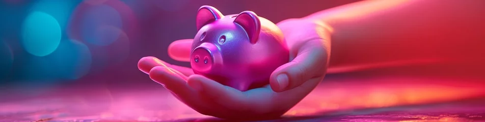 Foto op Plexiglas A hand presenting a glowing piggy bank in a mesmerizing neon light atmosphere © Vladan