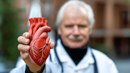Senior cardiologist showing a healthy model heart.