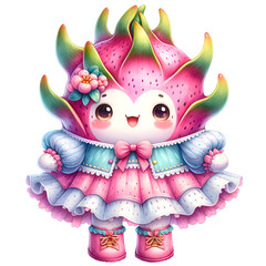 ute Dragonfruit  character wearing cute pastel outfit clipart. 