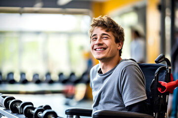 Smiling young man with cerebral palsy enjoys his workout in wheelchair in gym. Concept of adaptive workout fitness, accessibility environment in public spaces for people with disabilities. Copy space