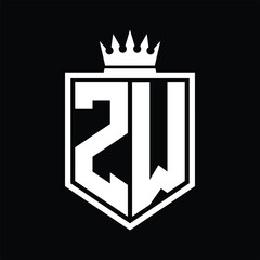 ZW Logo monogram bold shield geometric shape with crown outline black and white style design