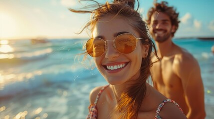 Selfie of a happy couple on the beach by the sea © Jose