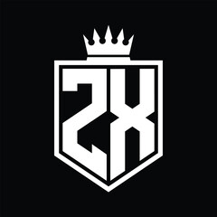ZX Logo monogram bold shield geometric shape with crown outline black and white style design