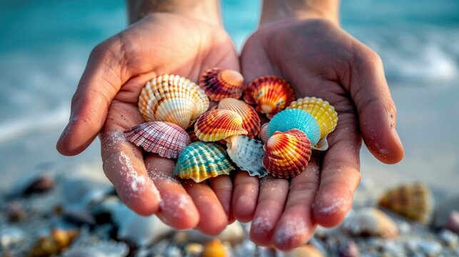 Hands of a person holding seashells