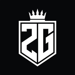 ZG Logo monogram bold shield geometric shape with crown outline black and white style design