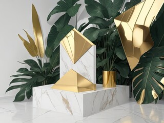 Modern style free PSD product backdrop including a marble podium and gold palm leaf