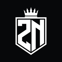 ZN Logo monogram bold shield geometric shape with crown outline black and white style design