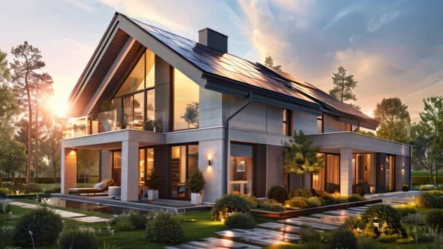 A digital transformation of a suburban house with solar panels appearing on the roof. Installation of Clean Energy Saving Green Eco Solution. Concept of Eco-Renewable Power and a Healthy Environment