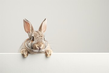 Obraz premium A cute bunny peeks over a white edge, symbolizing curiosity, playfulness, and innocence. Perfect for themes of pets, animals, and adorable moments. Ideal for spring, Easter, or animal-themed concepts.
