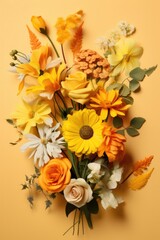 Fresh herbs and flowers bouquet on coloured background.