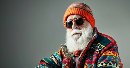 A man with a beard and glasses is wearing a multicolored sweater. Studio shot of serious senior man with white beard in colorful winter outfit with sunglasses - Powered by Adobe