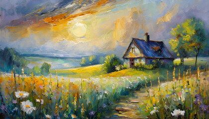 Piękny krajobraz wiejski, malowany farbą olejną, dekoracja generative ai - obrazy, fototapety, plakaty