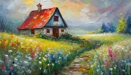 Piękny krajobraz wiejski, malowany farbą olejną, dekoracja generative ai