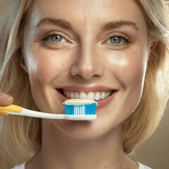 Kobieta myjąca zęby - obrazy, fototapety, plakaty