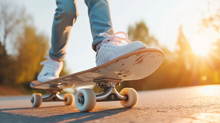 Young man in sneakers riding skateboard on the asphalt.